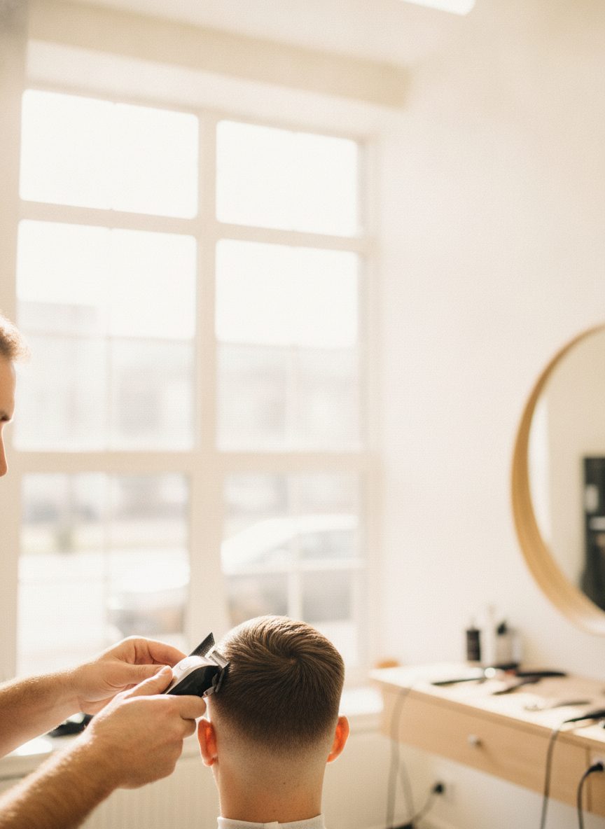 A barber's hands finishing a fade at the back of a client's head in a bright, sunlit shop