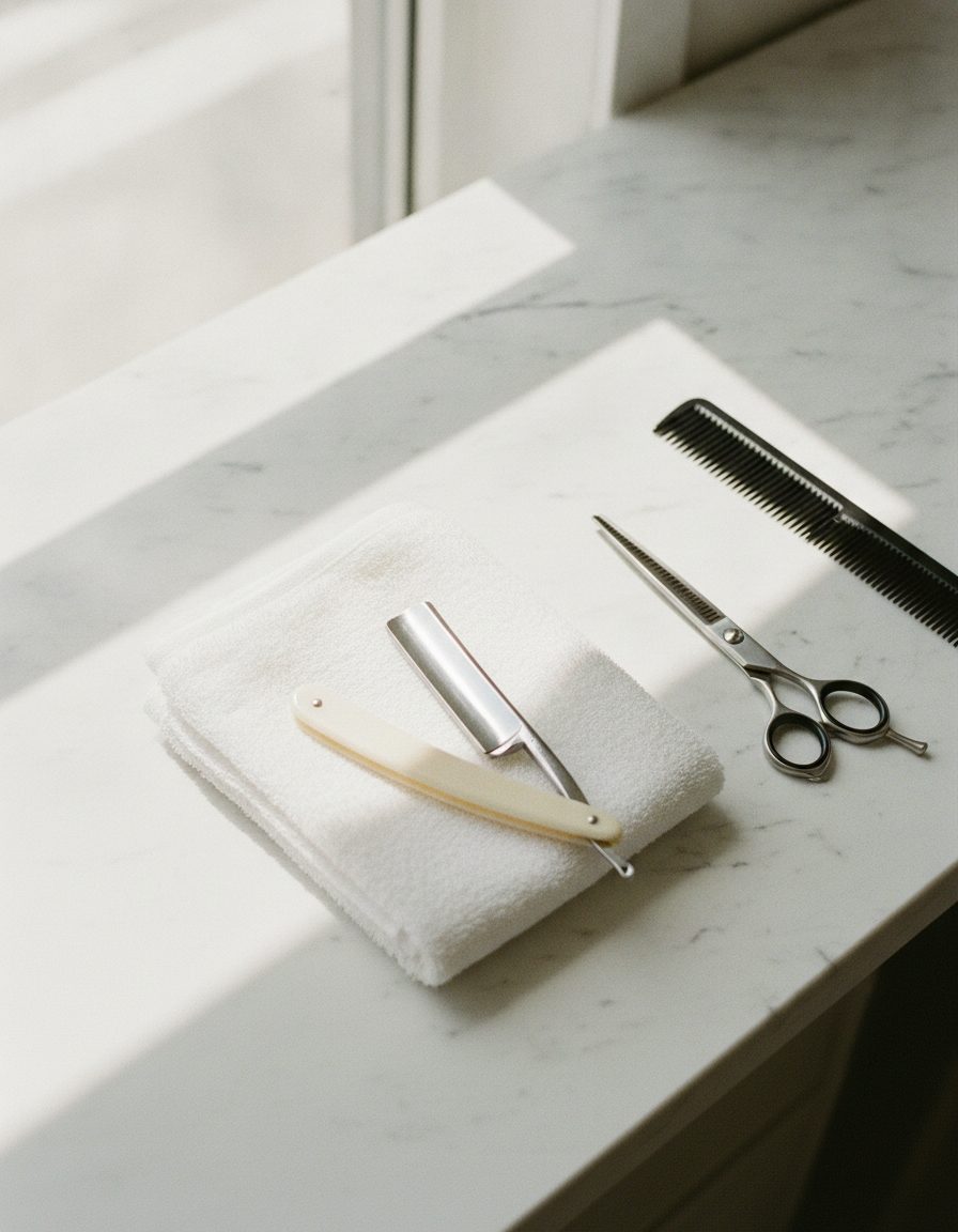 Barber tools laid out on a pale counter in morning light: straight razor, folded towel, comb and shears
