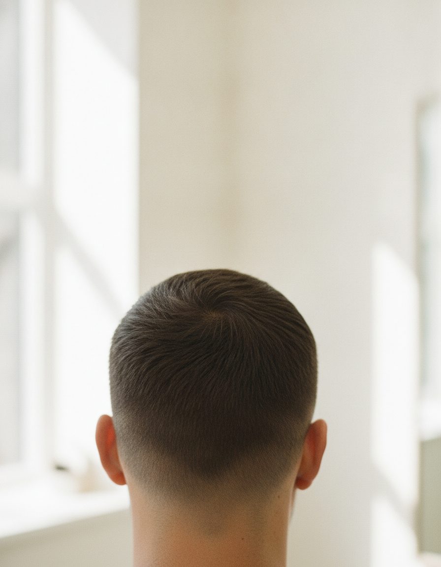 Close crop of the back of a freshly cut head showing a sharp, clean neckline