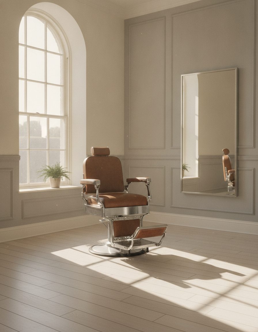 An empty classic barber chair beside a tall window in bright daylight